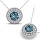 Aquamarine Halo Round Gem Birth Stone Pendant Necklace 14K Gold 18