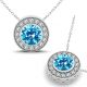 Blue Topaz Halo Round Gem Birth Stone Pendant Necklace 14K Gold 18