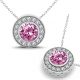 Pink Topaz Halo Round Gem Birth Stone Pendant Necklace 14K Gold 18