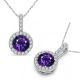 Amethyst Halo Round Gem Birth Stone Pendant Necklace 14K Gold 18