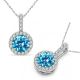 Blue Topaz Halo Round Gem Birth Stone Pendant Necklace 14K Gold 18