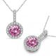 Pink Topaz Halo Round Gem Birth Stone Pendant Necklace 14K Gold 18