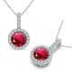 Ruby Halo Round Gem Birth Stone Pendant Necklace 14K Gold 18