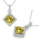 Citrine Halo Square Gem Birth Stone Pendant Necklace 14K Gold 18