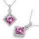 Pink Topaz Halo Square Gem Birth Stone Pendant Necklace 14K Gold 18