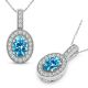 Blue Topaz Halo Oval Gem Birth Stone Pendant Necklace 14K Gold Chain