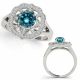 1 Carat Blue Diamond Three Stone Halo Engagement Promise Ring 14K Gold