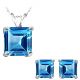 Princess CZ Blue Topaz Birthstone Pendant Earring Set 14K White YellowGold