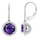 Amethyst Round CZ Lever Back Halo Dangling 14K Gold Earrings