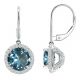 Aquamarine Round CZ Lever Back Halo Dangling 14K Gold Earrings