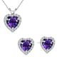 Heart CZ Amethyst Gem Birth stone Halo Pendant Earring Set Sterling