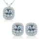 6mm Cushion Cut Aquamarine Gem Birth stone Halo Pendant Earring Set