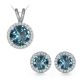 Round CZ Aquamarine Gem Birth stone Halo Pendant Earring Set Sterling