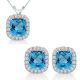 6mm Cushion Cut Blue Topaz Gem Birth stone Halo Pendant Earring Set