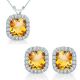 6mm Cushion Cut Citrine Gem Birth stone Halo Pendant Earring Set