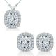 6mm Cushion Cut White CZ Gem Birth stone Halo Pendant Earring Set