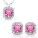 6mm Cushion Cut Pink Topaz Gem Birth stone Halo Pendant Earring Set